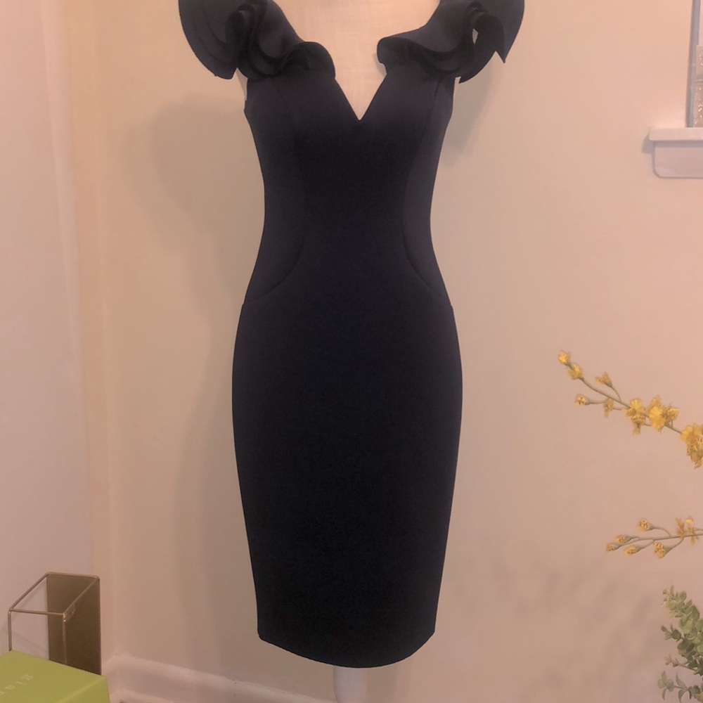Eliza J Navy Dress with Ruffle Shoulders